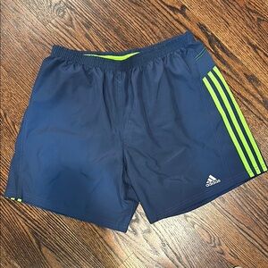 Adidas Men's Navy Blue Shorts with Neon Green Stripes, Size XL (154)